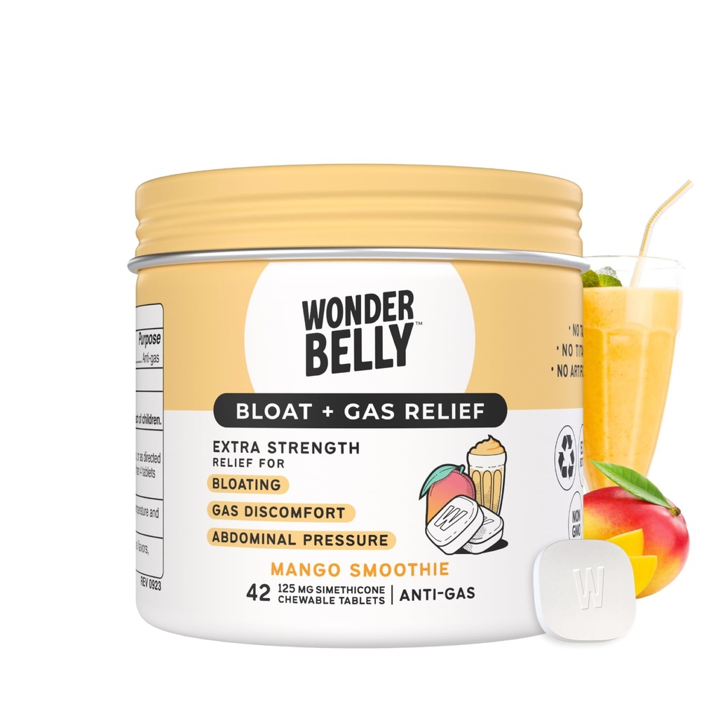 Wonderbelly Bloat + Gas Relief, Extra Strength Chewable Tables, with 125 mg Simethicone, No Talc or Dye, Mango Smoothie, 42 Count