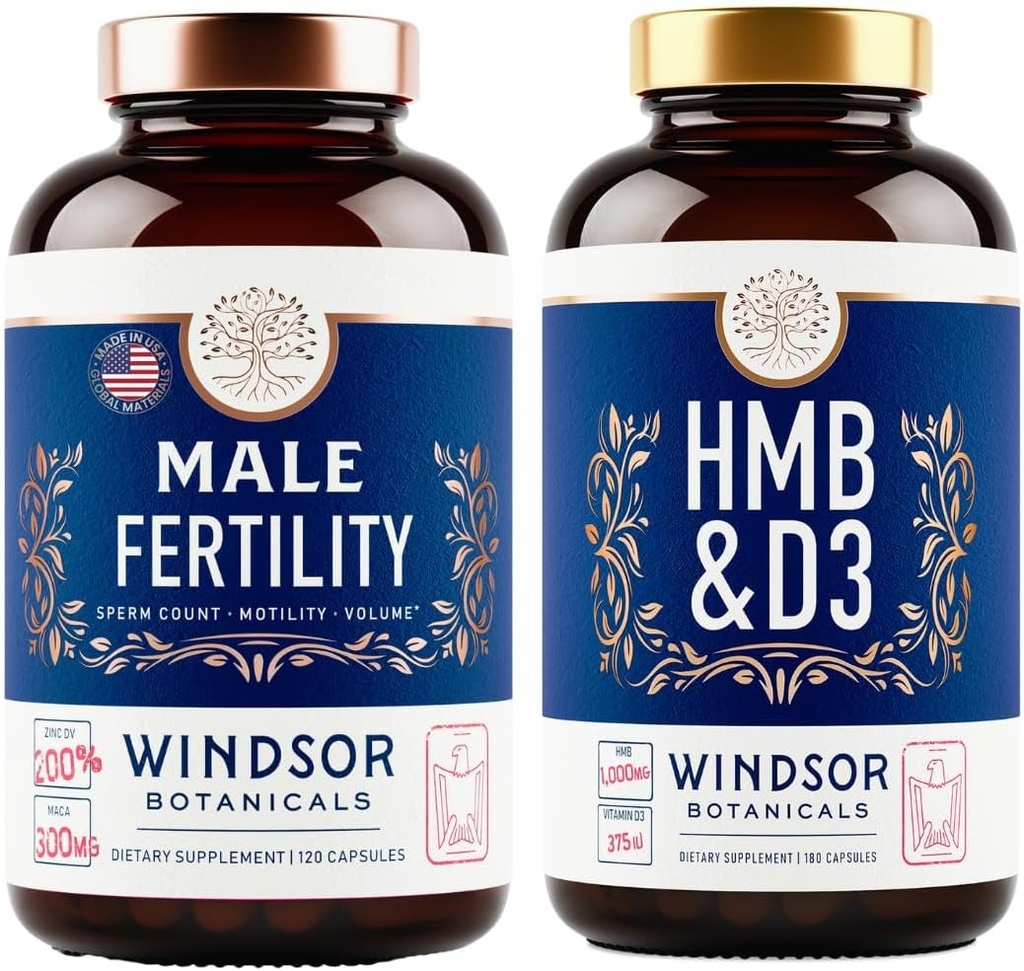 WINDSOR BOTANICALS HMB with Vitamin D3 and Calcium and Male Fertility Support Bundle