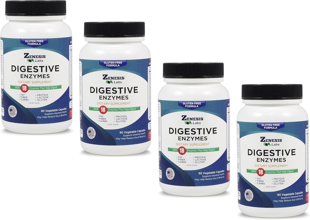 Zenesis Labs Digestive Enzymes - with Amylase, Bromelain, Protease, Lipase & 14 Other Enzymes Bulk 360 Capsule Supply (4 Bottle Set - 90 Capsules/Bottle)