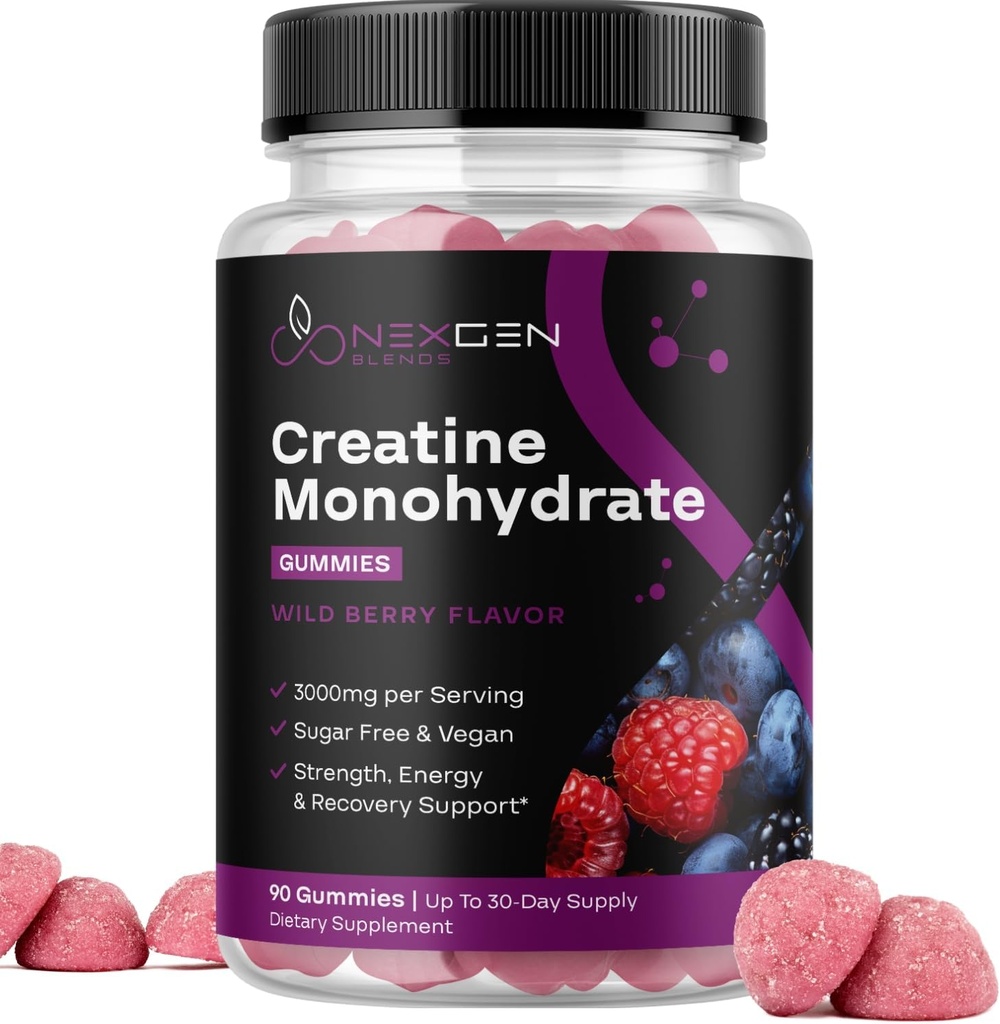 Χωρίς ζάχαρη Μονοένυδρες Gummies Κρεατίνης - Vegan Creatine Gummies for Women & Men with 3000mg per 3 Creatine Chews Supports Energy & Recovery - Gluten Free & Non-GMO - Wild Berry Flavor 90ct