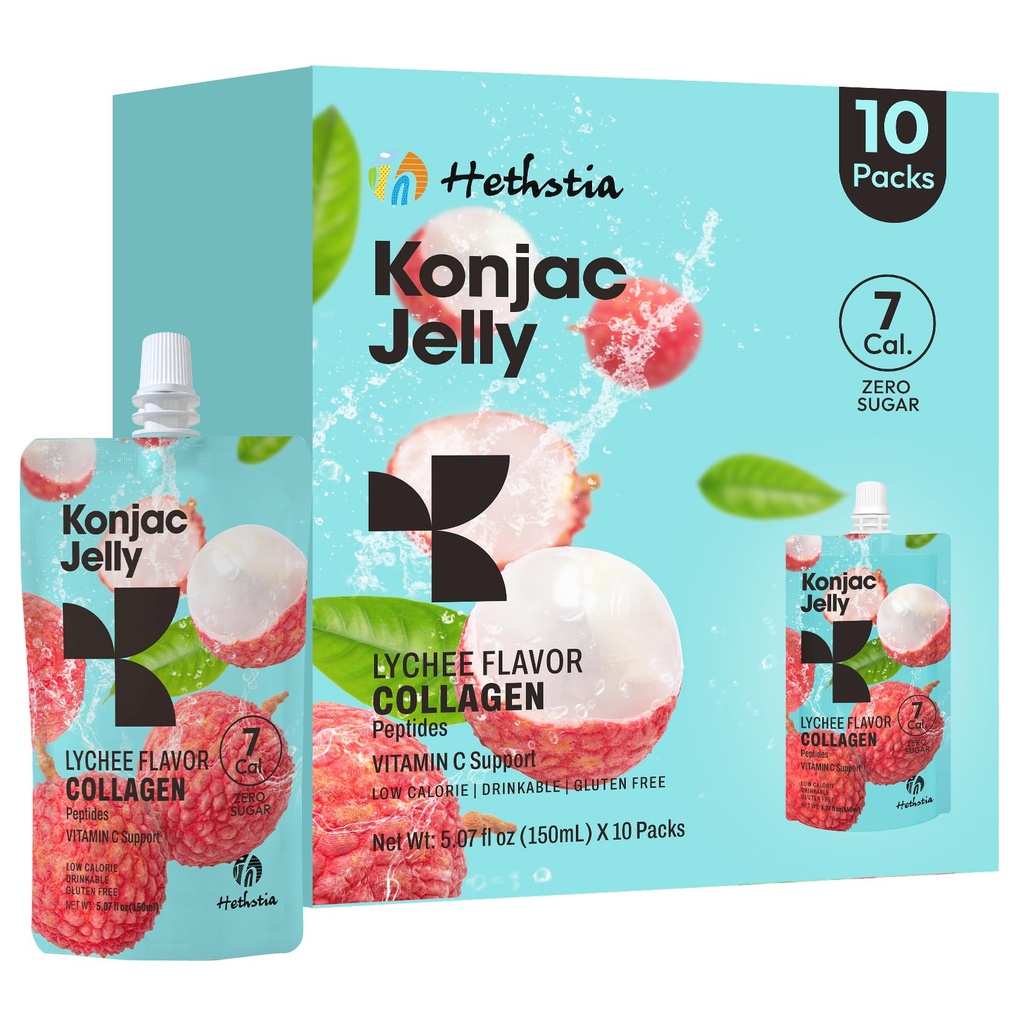 Hethstia Konjac Jelly, Lychhee Konjac Jelly 10 Pouchs με κολλαγόνο Πεπτίδες, χαμηλή θερμίδα πόσιμο Litchi Jello, Βιταμίνη C Light Snacks, Χωρίς ζάχαρη, Κέτο, Χωρίς γλουτένη, Υγιεινά δώρα τροφίμων
