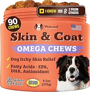 Natural Dog Company Skin & Coat Supplement for Dogs – Omega 3 Salmon Oil, Biotin & Vitamin E Support Shiny Coat, Healthy Skin & Normal Shedding, Promotes Comfort from Occasional Itch, 90 Count
