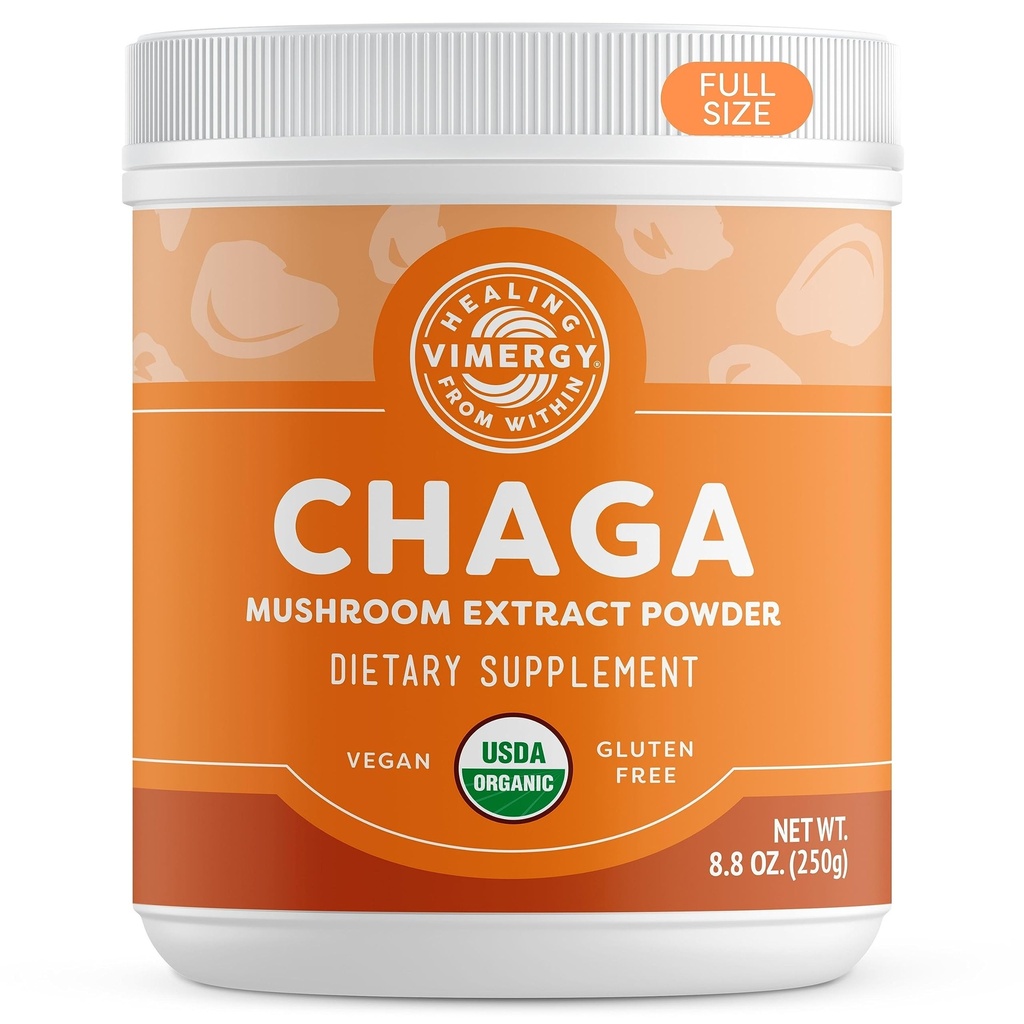 Vimergy USDA Organic Wild Chaga Mushroom Extract Powder, 166 Σερβιέτες – Ιδανικό για Τσάγκα Τσάι, Καφέ, Smoothies – Καρδιαγγειακή Υποστήριξη - Kosher, Vegan, Χωρίς Γλουτένη, Παλαιό - Καθαρό Τσάγκα, Χωρίς Φίλτρα (250g)