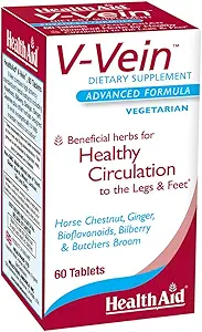 HealthAid V-Vein, Ωφέλιμα θρεπτικά συστατικά για υγιή κυκλοφορία για τα πόδια και τα πόδια, 60ct, Μια φορά την ημέρα, Περιέχει Ginkgo, Σπόροι σταφυλιού, βιταμίνη C και Bilberry, Vegan