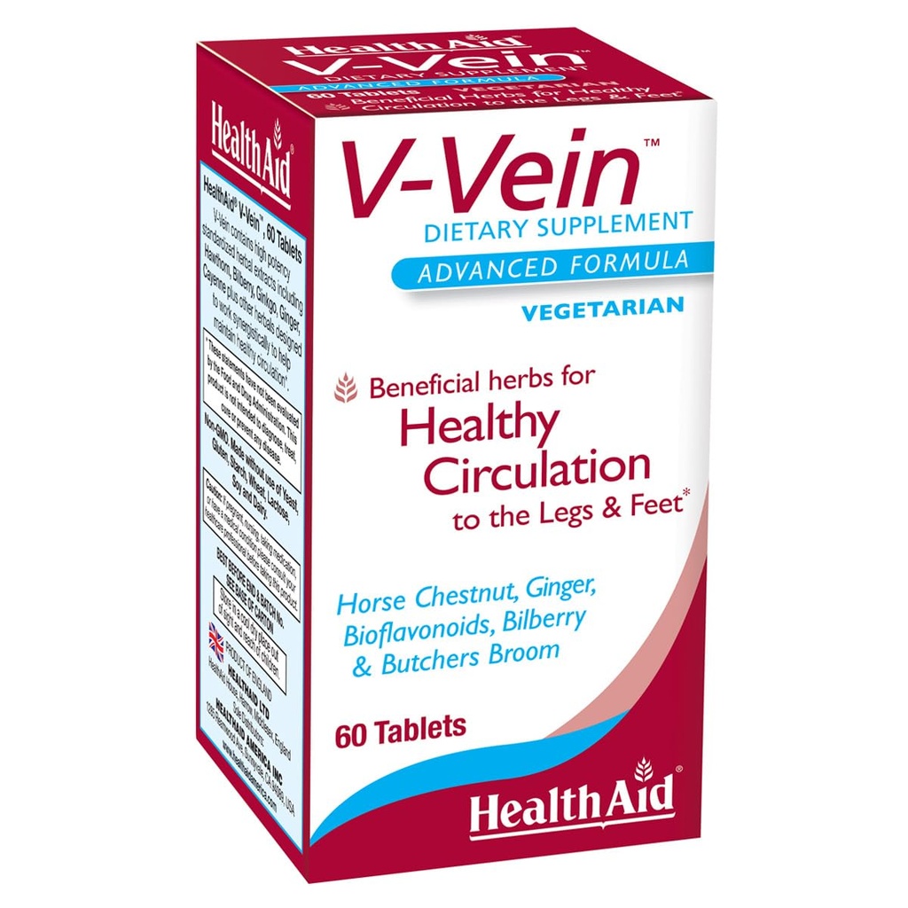 HealthAid V-Vein, Ωφέλιμα θρεπτικά συστατικά για υγιή κυκλοφορία για τα πόδια και τα πόδια, 60ct, Μια φορά την ημέρα, Περιέχει Ginkgo, Σπόροι σταφυλιού, βιταμίνη C και Bilberry, Vegan