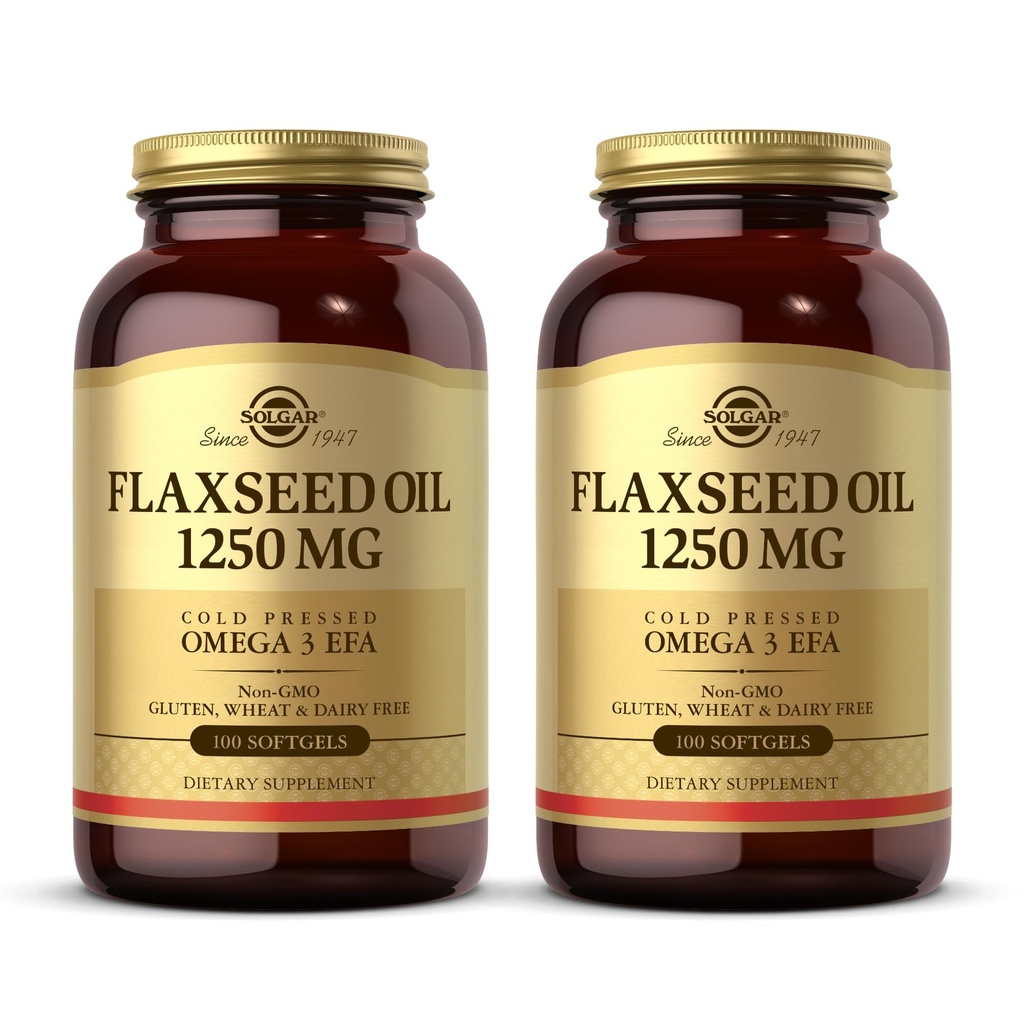 Solgar flaxseed Oil 1250 mg - 100 Softgels, Συσκευασία των 2 - Συμπυκνωμένη Φυτική Πηγή Ωμέγα-3 Α- Λινελαϊκό Οξύ (ALA) - Μη ΓΤΟ, Χωρίς Γλουτένη - 100 Σύνολο Σερβιρίσματος