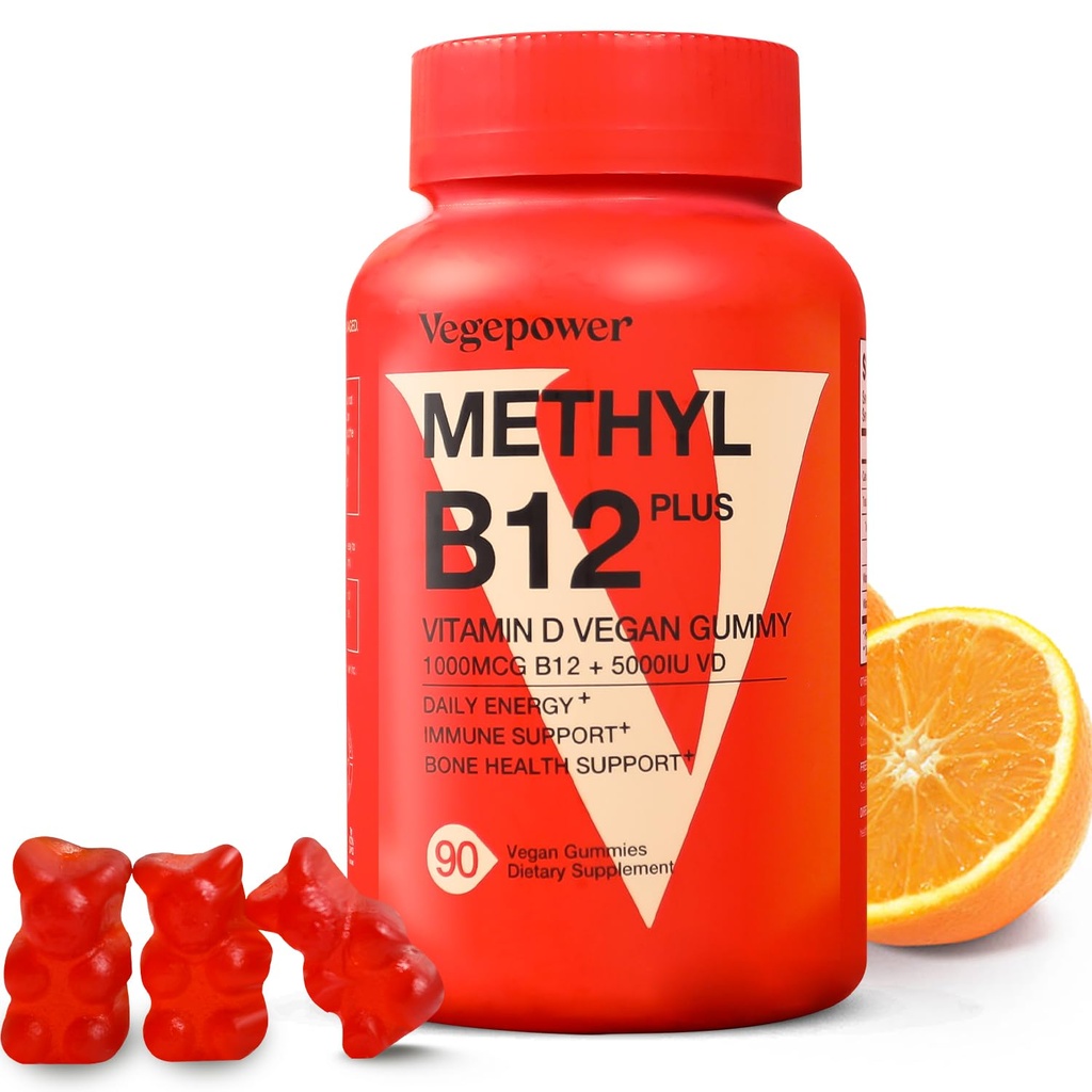 Vitamin B12 D3 Vegan Gummies - 90 Count I 1000 MCG Methyl B12 & 5000 IU Vitamin D Gummy Chewable Συμπληρώματα για Ενήλικες & Παιδιά - Ανοσοποιητική Υγεία & Καθημερινή Ενίσχυση - Μη ΓΤΟ, Πορτοκαλί