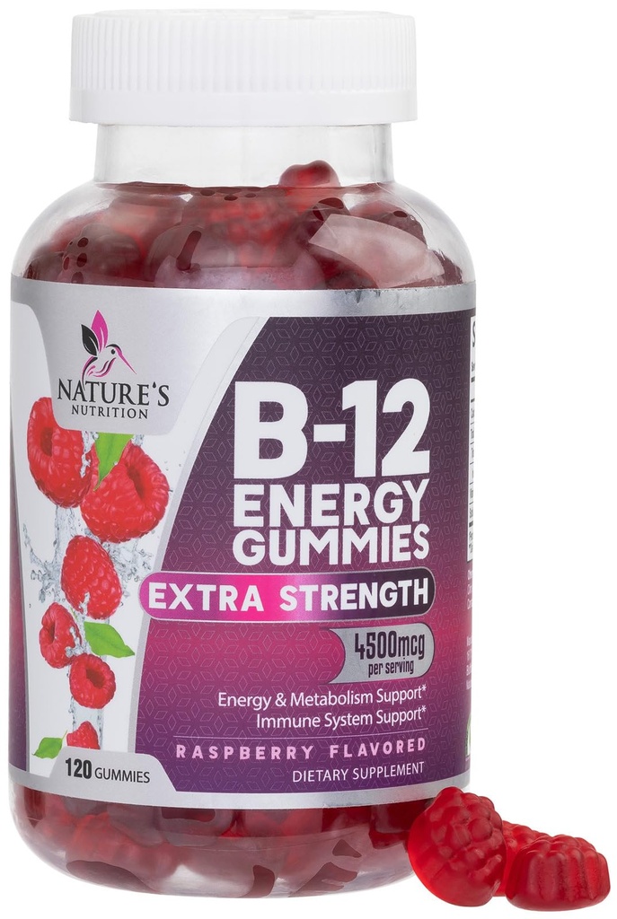 B-12 Vitamin Energy Gummies 4500mcg - Extra Strength B12 Gummy Μασώμενα για την ενέργεια Μεταβολισμός & Ανοσολογική Υποστήριξη - Συμπλήρωμα διατροφής για γυναίκες, άνδρες, & παιδιά - Μη-GMO, Vegan, Berry Γεύση - 120 Count