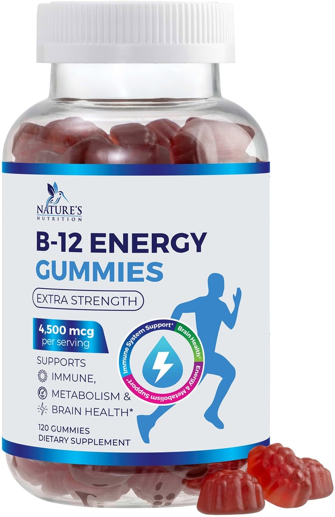 B12 Energy Gummies - 4500 mcg Vitamin B12 Per Serving - Extra Strength Chewable B12 Supplement for Energy, Metabolism & Immune Support - For Women, Men & Kids - Natural & Berry Flavored - 120 Gummies