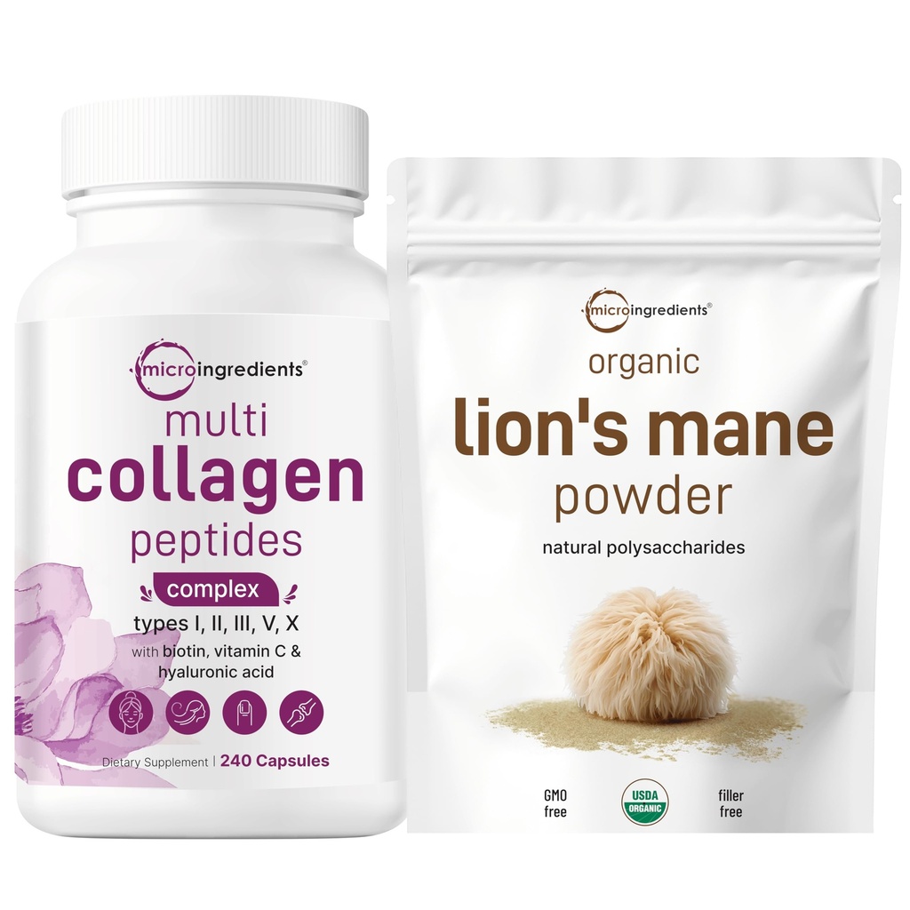 Micro Συστατικά Multi Collagen Complex & Lions Mane Mushroom συμπλήρωμα σκόνης 2 πακέτο 