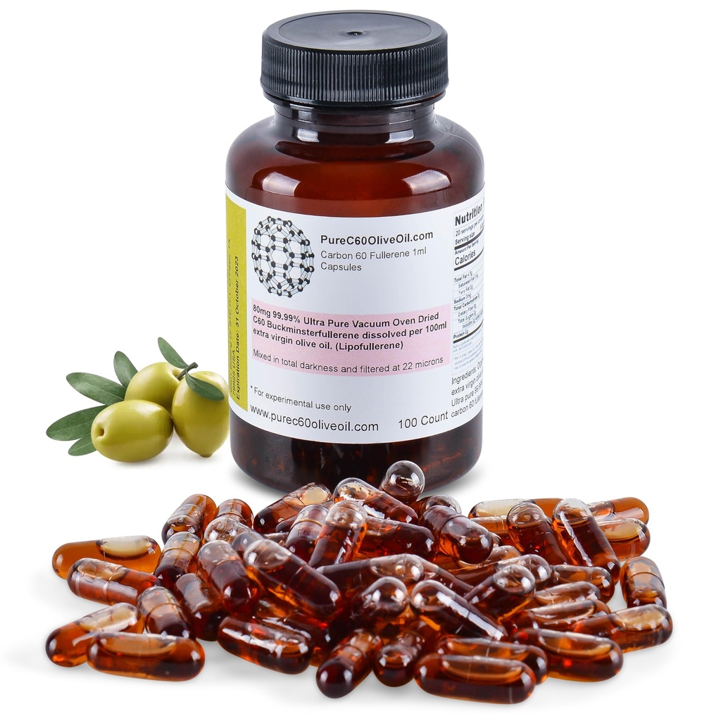PureC60OliveOil C60 Organic Olive Oil Capsules Χάπια 100ml / 3.4 Fl Oz - 99.99% Carbon 60 Solvent Free 80mg - Food Grade - Carbon 60 Olive Oil - From The Leading Global Producer