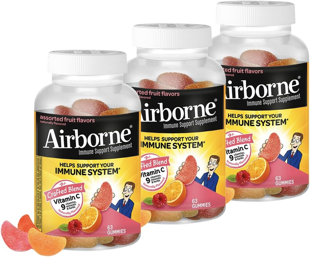 Airborne 750mg Βιταμίνη C Ανοσοποιητικό συμπλήρωμα στήριξης Gummies για ενήλικες, Ποικιλία Fruit Flavor, Gluten Free Crafted Blend με Ισχυρές Αντιοξειδωτικές Βιταμίνες A C & E, 63 Gummies (3 Pack)