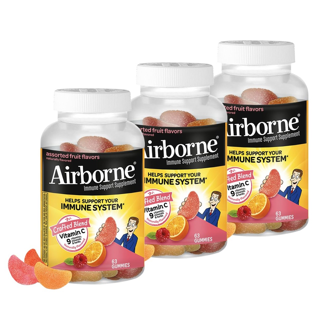 Airborne 750mg Βιταμίνη C Ανοσοποιητικό συμπλήρωμα στήριξης Gummies για ενήλικες, Ποικιλία Fruit Flavor, Gluten Free Crafted Blend με Ισχυρές Αντιοξειδωτικές Βιταμίνες A C & E, 63 Gummies (3 Pack)
