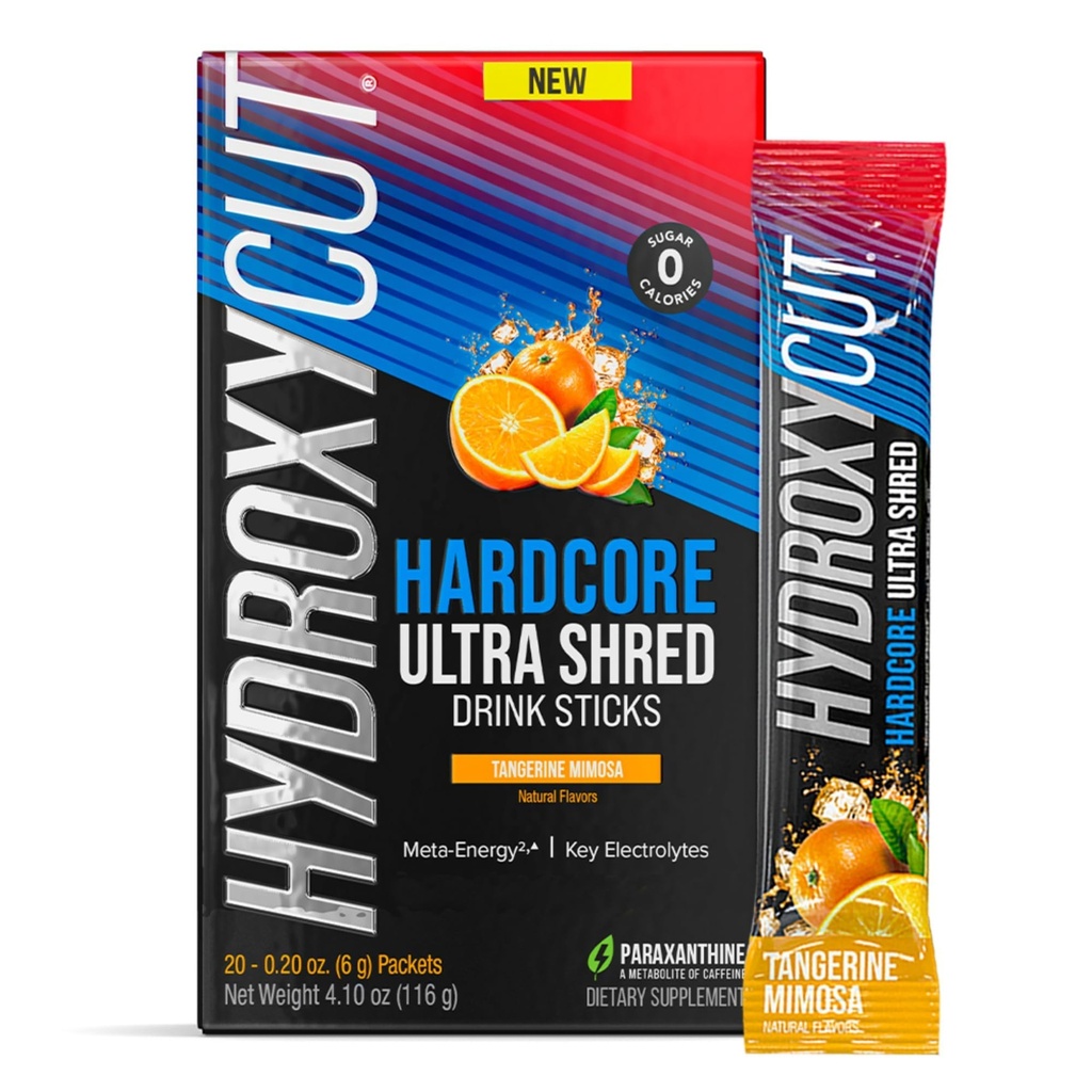 Hydroxycut Hardcore Ultra Shred Drink Sticks, Tangerine Mimosa - 20 πακέτα - Zero Sugar ή θερμίδες - Περιλαμβάνει Paraxanthin & B Βιταμίνες - για γυναίκες και άνδρες