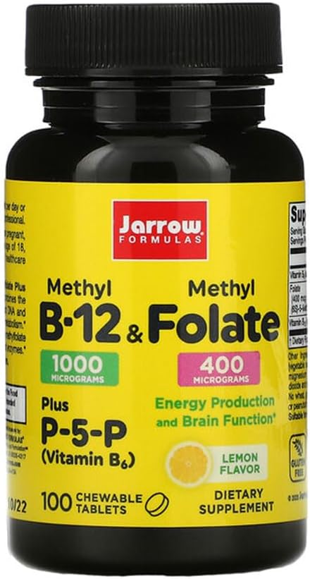 Jarow Formulas Methyl B-12 & methyl folate - 100 μασώμενα δισκία, λεμόνι - συσκευασία των 2 - Βιοενεργή βιταμίνη B12 & B9 - Υποστηρίζει την παραγωγή ενέργειας, λειτουργία του εγκεφάλου & Μεταβολισμός - 200 συνολικές υπηρεσίες