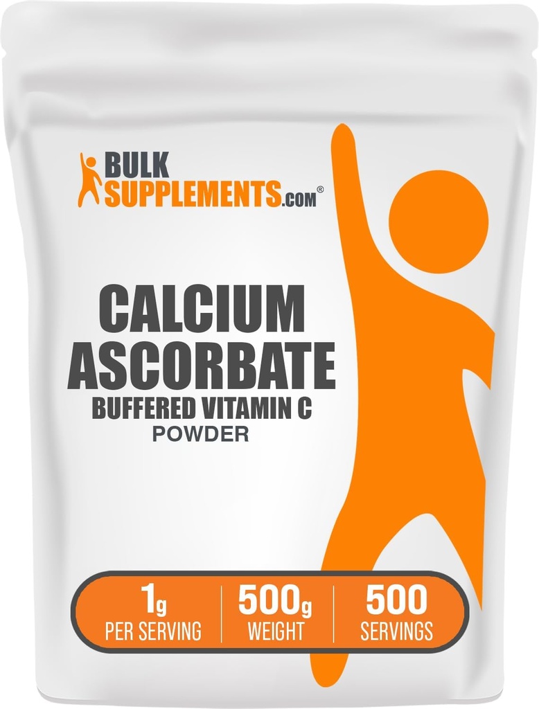 BulkSupplements.com Ασκορβική σκόνη ασβεστίου - Buffered Vitamin C, Συμπλήρωμα ασβεστίου με Βιταμίνη C - Χωρίς γλουτένη, 1g ανά Σερβίρισμα, 500g (1.1 lbs) (Pack of 1)