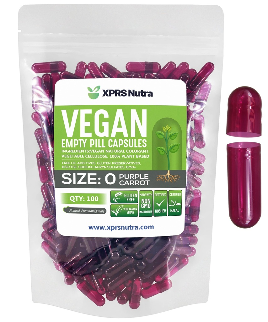 XPRS Nutra Size 0 Κενές κάψουλες - 100 Count Empty Vegan Κάψουλες - Χορτοφαγικά χάπια - DIY Καψάκιο Γέμισμα - Veggie χάπια για το Do-It-Yourself συμπληρώματα (Purple Carrot)