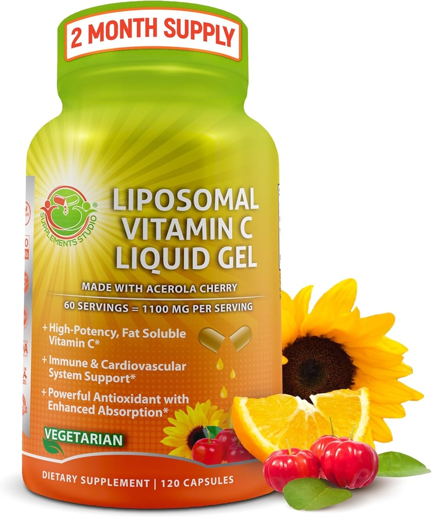 Liposomal Vitamin C Liquid Gel Κάψουλες - 1100mg - Φτιαγμένα με Βιολογικά Κεράσια Acerola, Υψηλής Ικανότητας Συμπλήρωμα Υποστήριξης Βιταμίνης C Liposomal Immune με Ενισχυμένη Απορρόφηση & Βιοδιαθεσιμότητα - 120