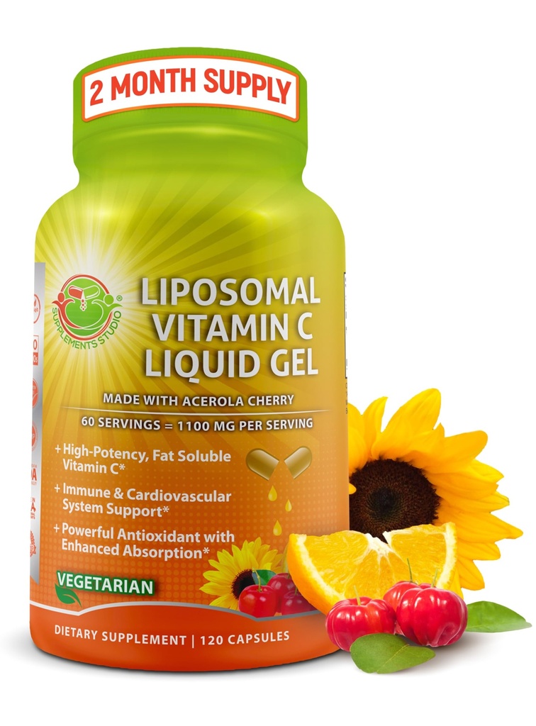 Liposomal Vitamin C Liquid Gel Κάψουλες - 1100mg - Φτιαγμένα με Βιολογικά Κεράσια Acerola, Υψηλής Ικανότητας Συμπλήρωμα Υποστήριξης Βιταμίνης C Liposomal Immune με Ενισχυμένη Απορρόφηση & Βιοδιαθεσιμότητα - 120