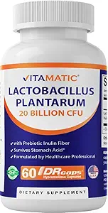 Vitamatic Lactobacillus Plantarum - 20 Billion per DR Capsule - 60 Count - Digestive Support - Made with Prebiotic Inulin Fiber