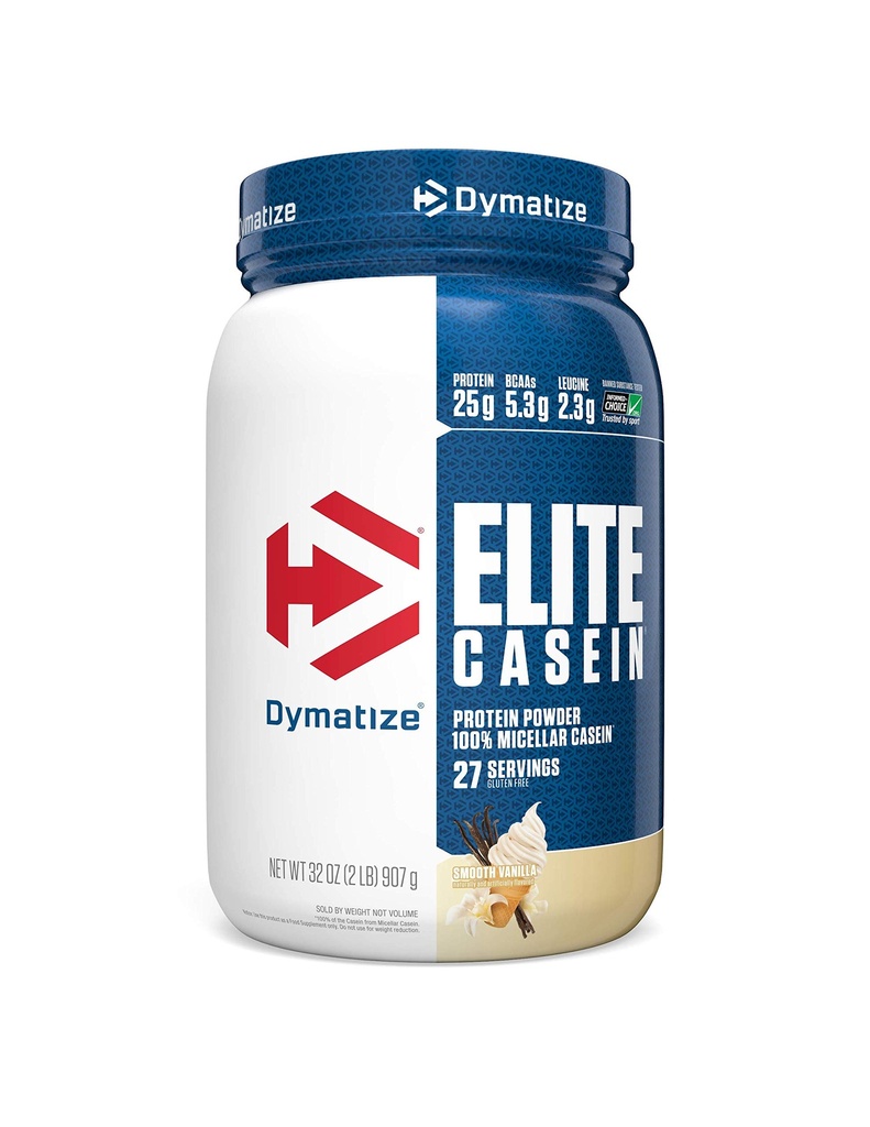 Dymatize Elite Casein Protein Powder, Slow Absorbing with Muscle Building Amino Acids, 100% Micellar Casein, 25g Protein, 5.4g BCAAs & 2,3g Leucine, Βοηθά Overnight Recovery, Smooth Vanilla, 2 Λίρες