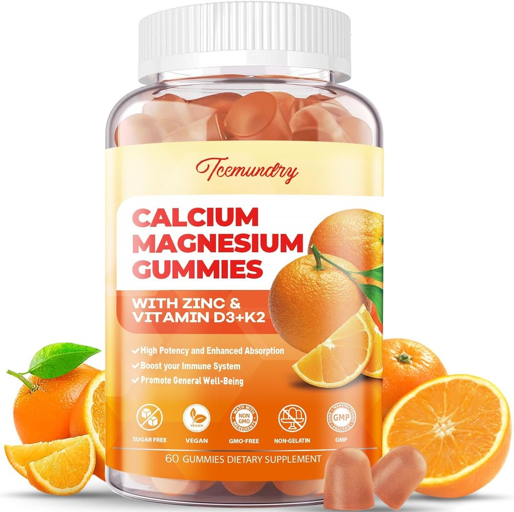 Ασβέστιο Μαγνήσιο Ψευδάργυρος Gummies με βιταμίνη D3 & K2 - Υψηλή απορρόφηση Μαγνήσιο Γλυκινικό 400mg - Συμπλήρωμα Ασβέστου χωρίς ζάχαρη - Υποστήριξη Νευρικό Μυϊκό Άρθρωμα & Ανοσία - για ενήλικες άνδρες Γυναίκες Παιδιά