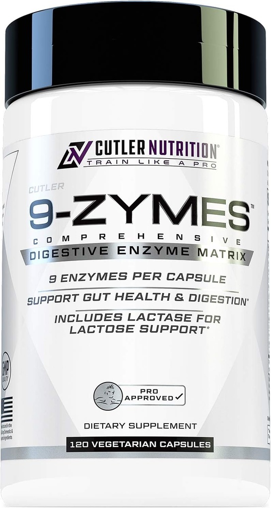 Cutler Nutrition 9-Zymes Digestive Enzyme Supplement: Contains Bromelain, Protease, Lipase, Lactase & More to Help Reduce Bloating, Improve Absorption and Reduce Gas, 120 Servings/Capsules