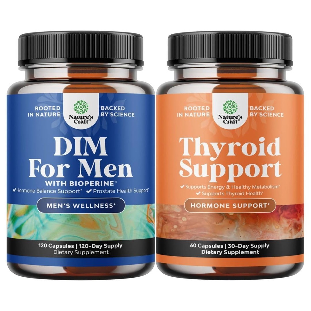 Bundle of DIM Supplement for Men with Panax Ginseng Bioperine Grapeseed & Astragalus for Prostate Health and Herbal Thyroid Support Complex with L Tyrosine, Bladderwrack, Selenium & Pure Ashwagandha