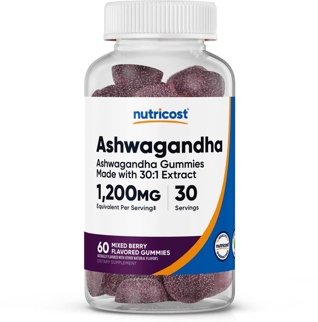 Nutricost Ashwagandha Gummies 1200mg Ισοδύναμο ανά υπηρεσία (ανάμεικτο άρωμα μούρου), 60 Gummies, 30 Services