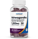 Nutricost Ashwagandha Gummies 1200mg Ισοδύναμο ανά υπηρεσία (ανάμεικτο άρωμα μούρου), 60 Gummies, 30 Services