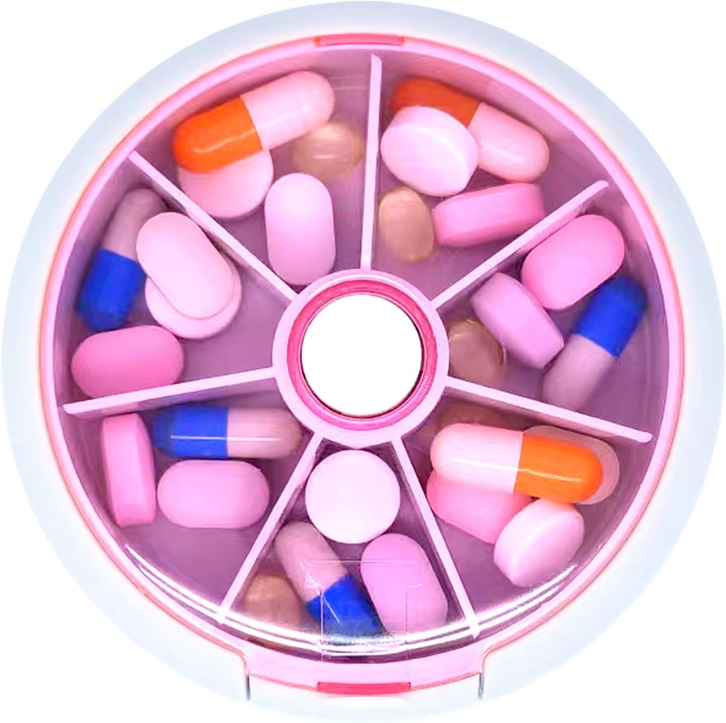 Pill Organizer Travel Pill Case for Purse Portable Pill Box Round Weekiy Pill Container for Vitamin Fish Oil Pills Supplements (Pink)