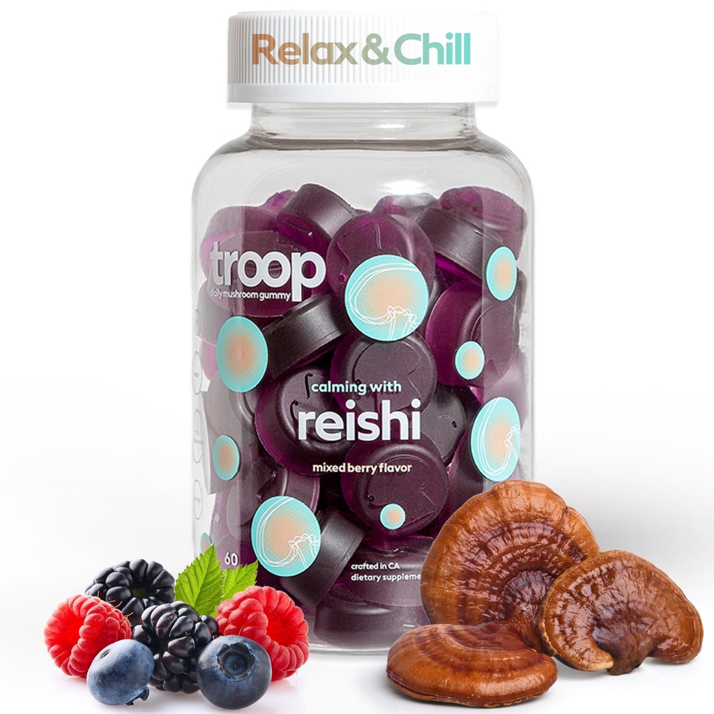 Troop Reishi Mushroom Gummies - Χαλαρωτικά Gummies για ενήλικες και παιδιά - Συμπλήρωμα εστίασης για το άγχος, χαλάρωση, ανοσοποιητική υποστήριξη - 4000mg Τρίκλινο-Extracted Fruiting Body - Mixed Berry, 60 Count