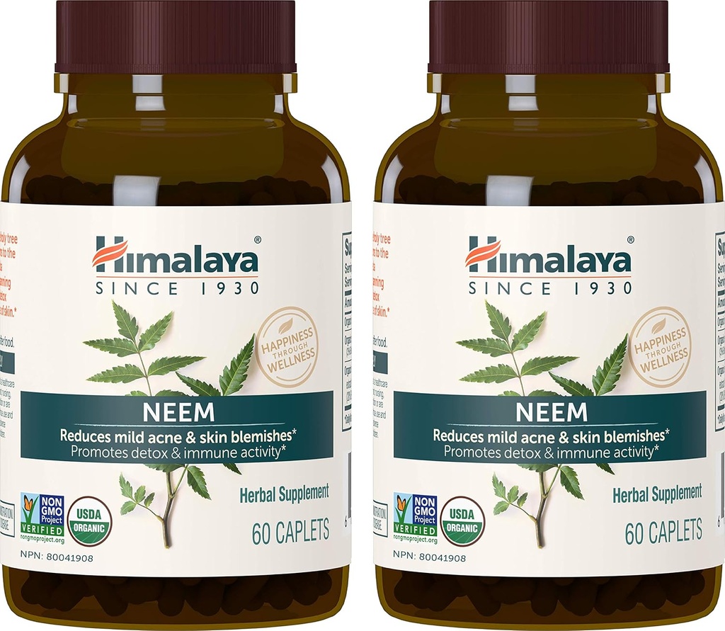Himalaya Organic Neem Herbal Supplement, για Ήπια Ακμή & Διαυγές Δέρμα, Καθαρισμός, Αγιουρβεντικό, USDA Πιστοποιημένο Βιολογικό, Μη ΓΤΟ, Vegan, 600 mg, 60 Caplets Plant Based, 2 Pack