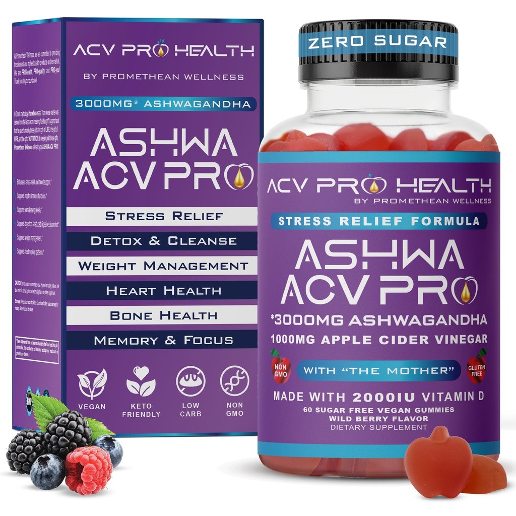 Ashwa ACV Pro Health - Χωρίς ζάχαρη μηλίτη Ξύδι με Ashwagandha, Advanced Keto, Stress Relief Συμπληρώματα με βιταμίνη D, 1g υδατάνθρακες ανά gummy Golo