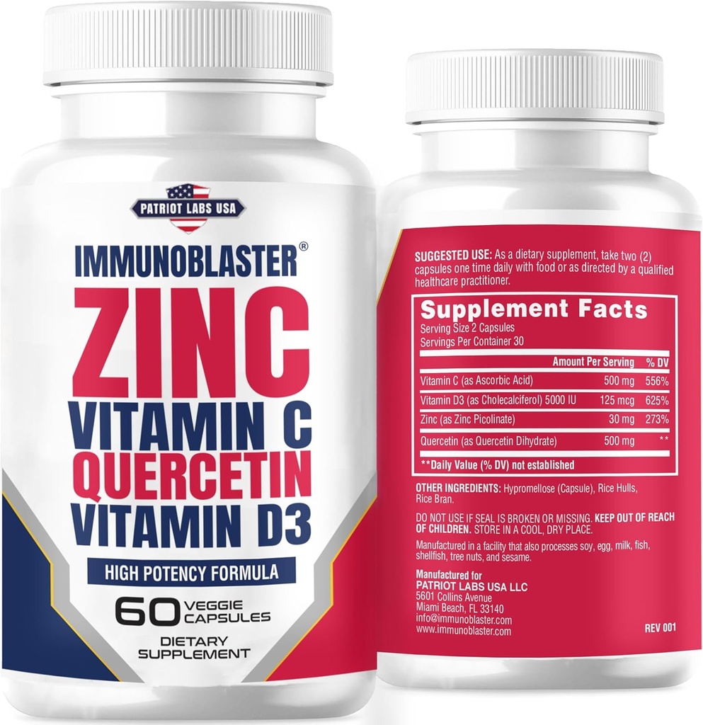Ψευδάργυρος Quercetin 500mg με Βιταμίνη D και C Αντιοξειδωτική Ανοσοποιητική Υποστήριξη Υψηλή ισχύς Quercetin Συμπλήρωμα ψευδαργύρου για άνδρες και γυναίκες - Γλουτένη, σόγια, & γαλακτοκομικά χωρίς - 60 Count (Pack of 1)