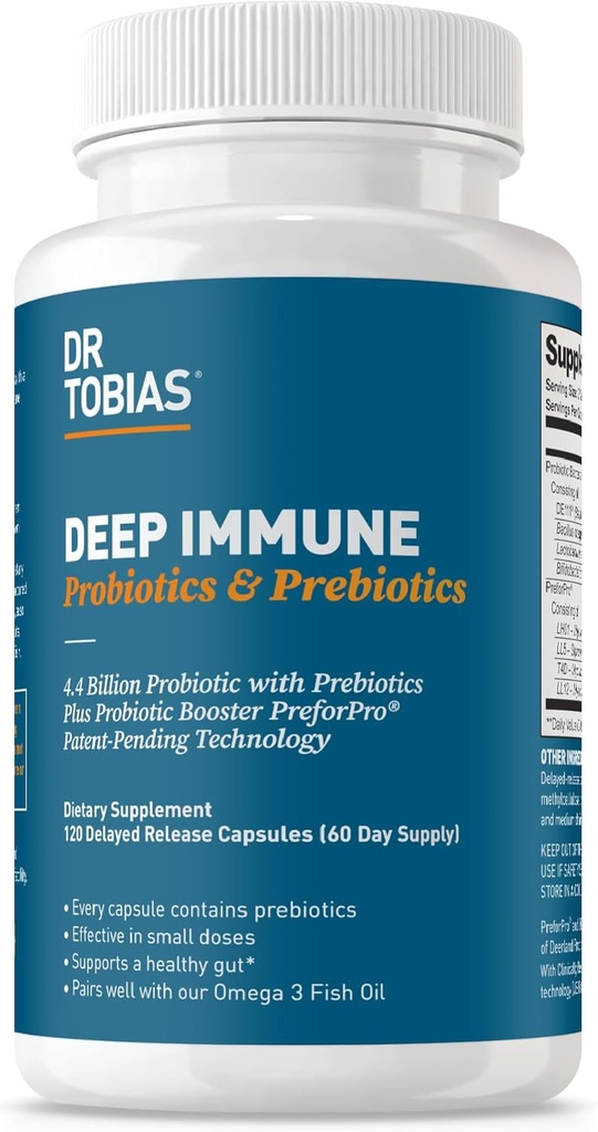 Dr. Tobias Deep Immune Probiotics & Prebiotics, Dual Action Digestion & Immune Support with PreforPro Prebiotics & Delayed Release Spore Forming Probiotics for Women & Men, 120 Κάψουλες, 60 Σερβιέτες