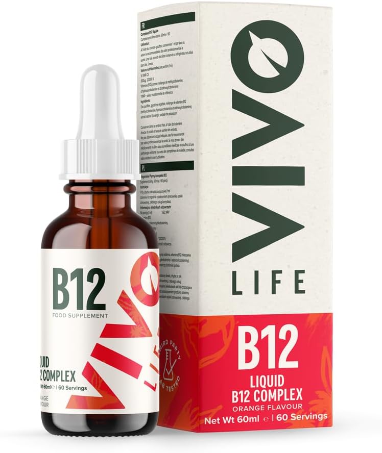 Vivo Life - Vitamin B12 Complex, Υψηλής ισχύος συμπλήρωμα υγείας, Orange Flavor Liquid Drops, 60ml, 60 Servings