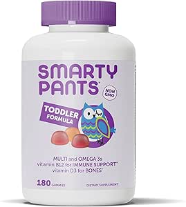 SmartyPants Toddler Multivitamin Gummies: Omega 3 Fish Oil (EPA/DHA), Vitamin D3, C, Vitamin B12, B6, A, K & Zinc, Biotin, Beta Carotene, Gluten Free, Three Fruit Flavors, 180 Count (60 Day Supply)