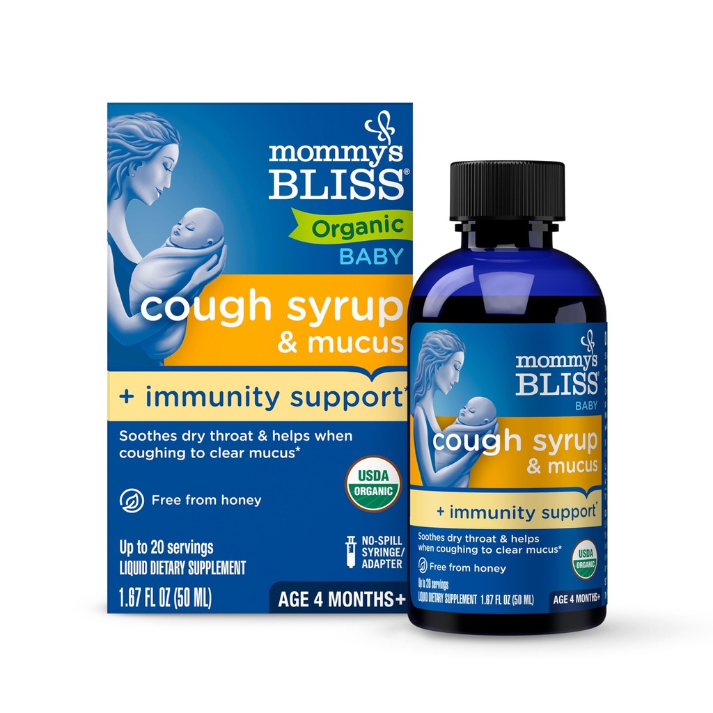 Bliss Organic Baby Cough Syrup and Mucus + υποστήριξη ανοσίας, Περιέχει οργανική αγάβα και φύλλο κισσός, Φτιαγμένο για μωρά 4 μήνα+, 1,67 ρευστές ουγγιά