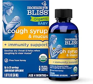 Bliss Organic Baby Cough Syrup and Mucus + υποστήριξη ανοσίας, Περιέχει οργανική αγάβα και φύλλο κισσός, Φτιαγμένο για μωρά 4 μήνα+, 1,67 ρευστές ουγγιά