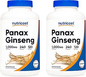 Nutricost Panax Ginseng 1000mg, 240 κάψουλες (2 φιάλες) - Μη ΓΤΟ, Χωρίς γλουτένη, 120 σερβιέτες