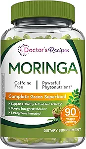 Doctor's Recipes Moringa 11,000 mg Strength, Complete Green Superfood, Natural Antioxidant Support, Non-GMO, 90 Vegan Caps, No Caffeine Soy Gluten