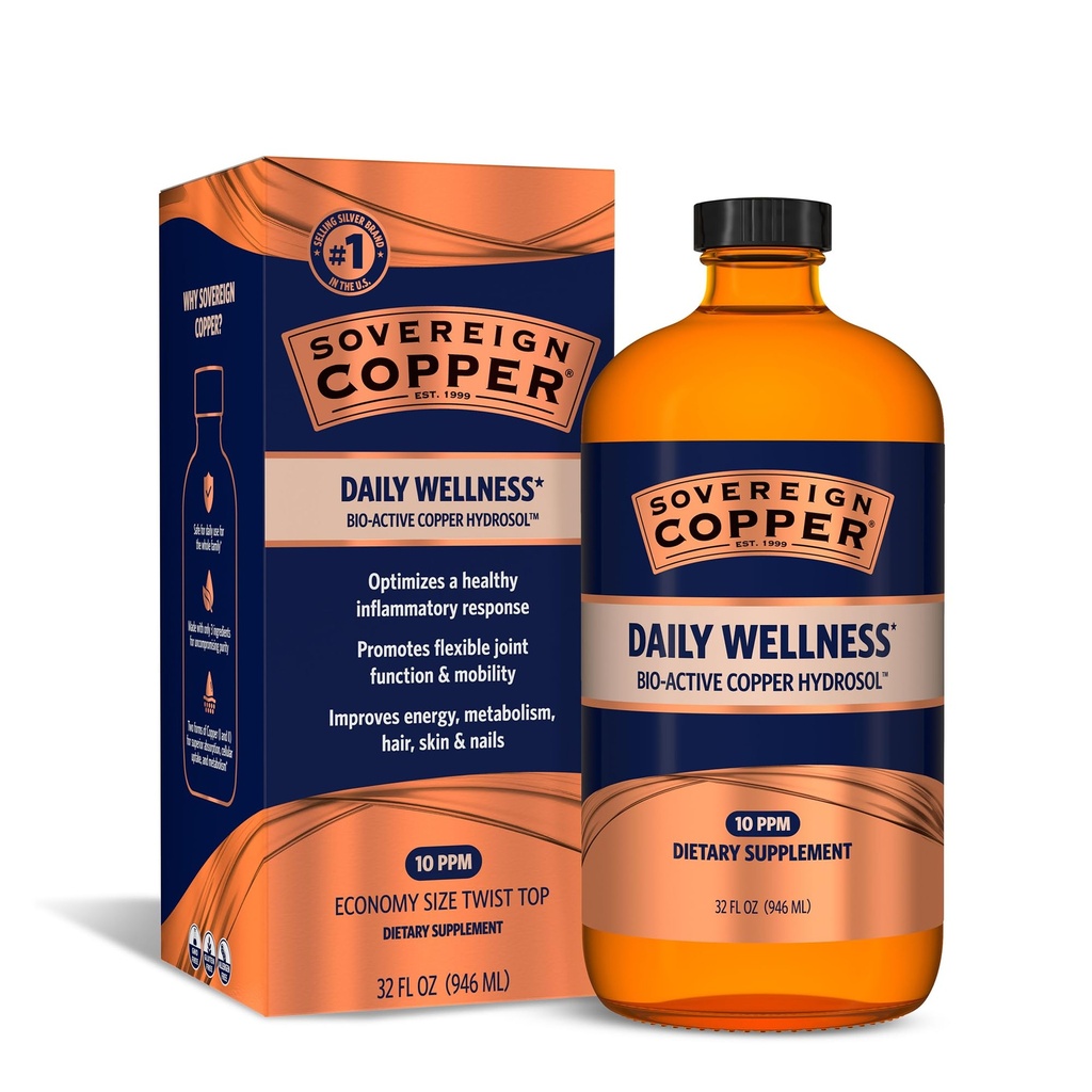 Sovereign Copper Bio-Active Copper Hydrosol, 32 fl oz (946 mL) | 99.999% Ultra Pure Copper I & II Hydrosol Supplement for Collagen, Joints, Bones, Strong Hair, Skin & Nail Support, 10 ppm