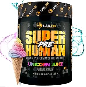ALPHA LION Superhuman Pre Workout Powder, Beta Alanine, L-Taurine & Tri-Source Caffeine for Sustained Energy & Focus, Nitric Oxide & Citrulline for Pump (21 Servings, Unicorn Juice)