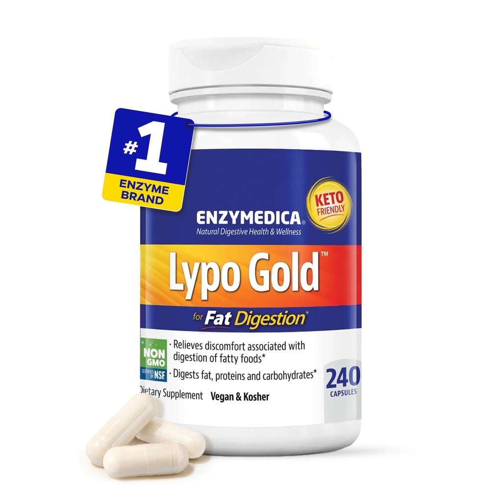 Enzymedica Lypo Gold, Υψηλής ισχύος Lipase Digestive Enzymes for Fat Digestion, Υποστηρίζει Περιστασιακά Bloating Relief & Digestive Health, Keto-Friendly, Vegan, 240 Κάψουλες