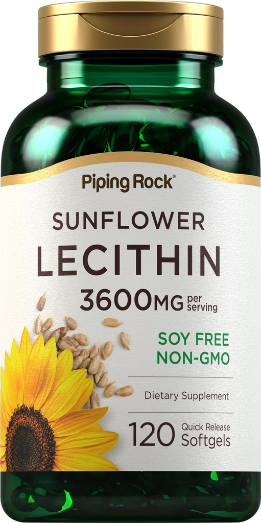 Piping Rock Sunflower Lecithin Softgel Capsules | 3600 mg | 120 Pills | Rich in Phosphatidyl Choline | Soy Free, Non-GMO, Gluten Free