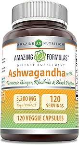 Amazing Formulas Ashwagandha Supplement | Contains Turmeric, Ginger, Rhodiola, & Black Pepper | 5200 Mg Per Serving | Veggie Capsules | Non-GMO | Gluten-Free | Made in USA (1 Pack | 120 Count)
