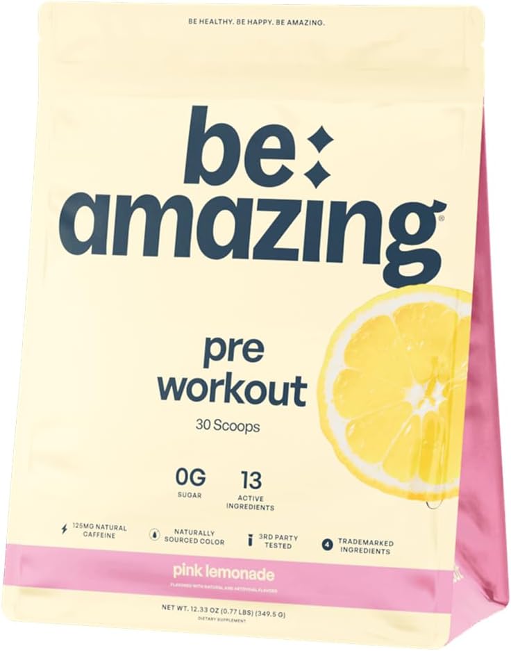 BE AMAZING Pre Workout Powder, Vegan συμπλήρωμα με 125mg φυσική καφεΐνη, Ashwagandha και προσαρμογόνες, ζάχαρη δωρεάν ποτό Mix για άνδρες και γυναίκες, χωρίς γλουτένη, μη ΓΤΟ, ροζ λεμονάδα, 30 εξυπηρετούν