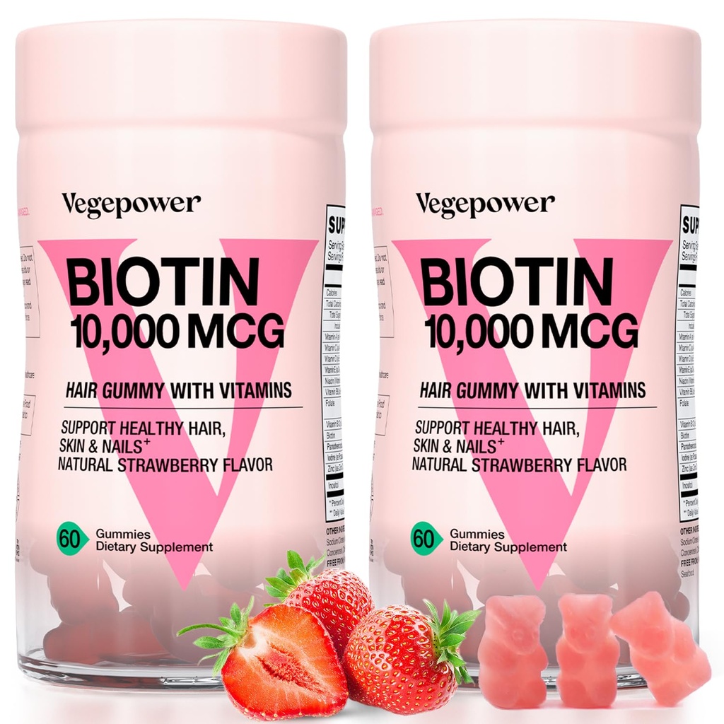 Βιοτίνη Gummies 10000mcg συμπληρώματα - με βιταμίνη C, A, D, B-Complex, Folate, ψευδάργυρος για γυναίκες & κορίτσια- Vegan Βιοτίνη Gummy για υγιή μαλλιά και νύχια, μη GMO, Φράουλα, 120 αρκούδα