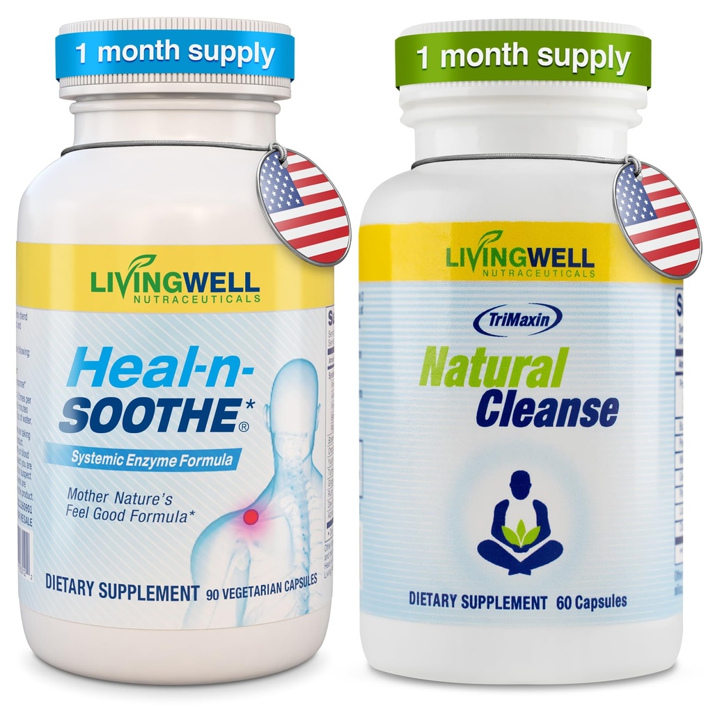 HEAL-N-SOOTHE and Natural Cleanse Dietary Supplement Bundle - Proteolytic Enzymes Formula with Turmeric, Bromelain, & Boswellia for Joint Support, Buckthorn Bark, Psyllium Husk, Milk Thistle, & Ginger
